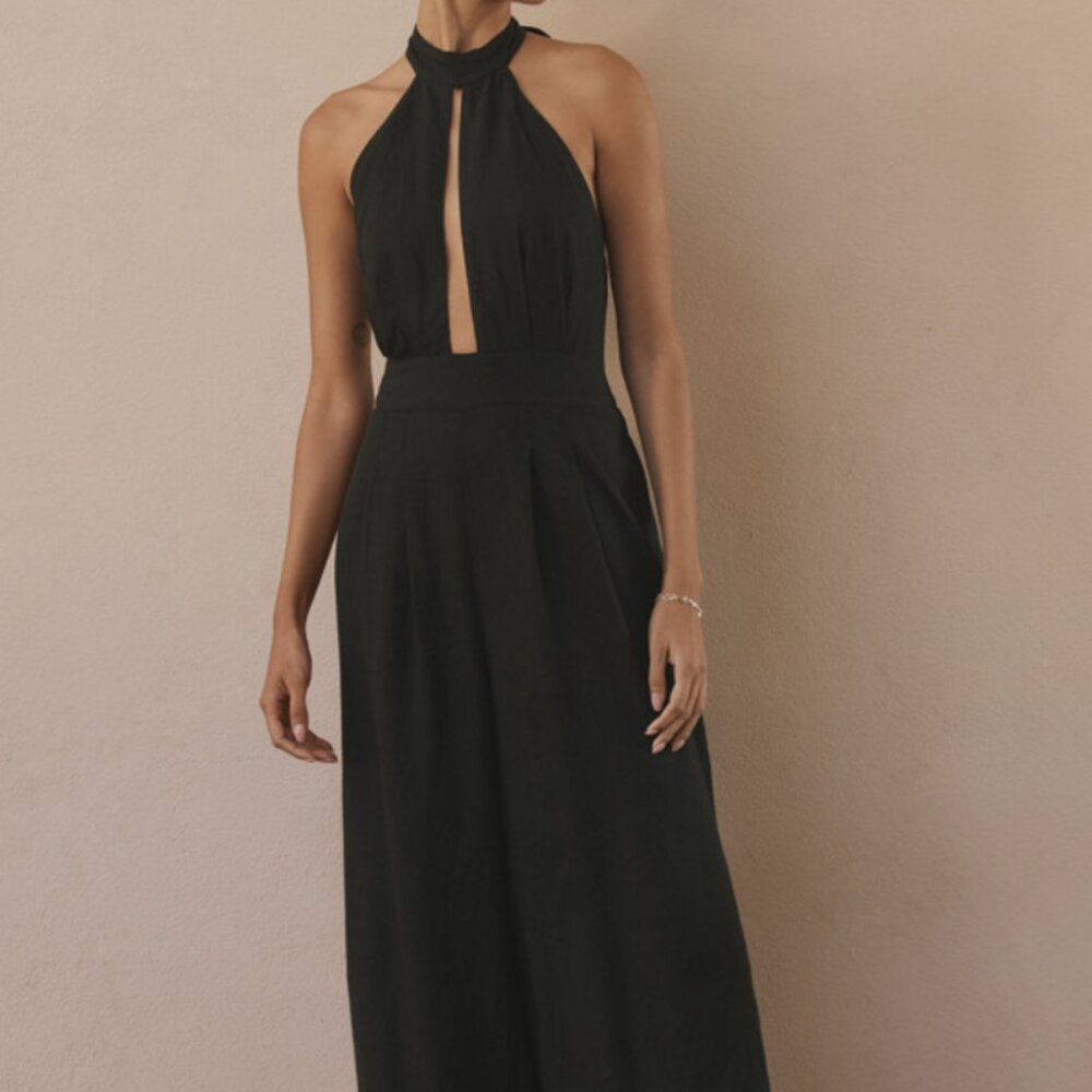 ✨🖤 Anthropologie Mock-Neck Plunge Black Jumpsuit - Size L🖤✨